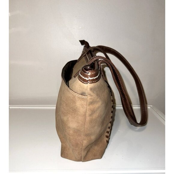 BOC Brown Faux Leather Double Handles Top Zipper Stitched Tote Bag - Picture 8 of 16